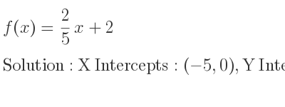 The f(x)= 2/5 x+2 is X Intercepts: (-5,0),Y Intercepts: (0,2)